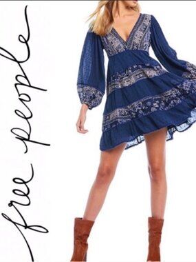 Free People Navy Blue Embroidered Boho Cottagecore My Love V-Neck Tunic Dress
